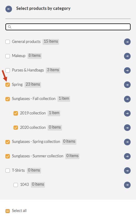 Showroom settings. This image shows how you can add products in bulk to show on your Showroom by category. 