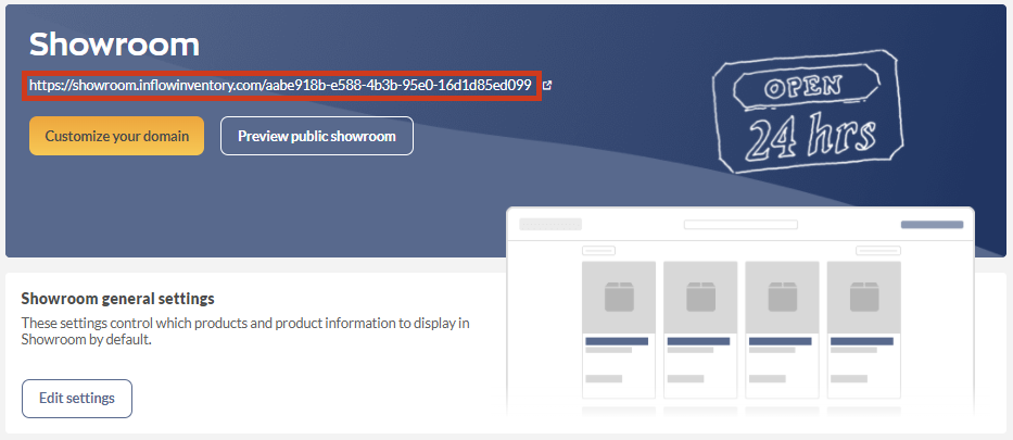 inFlow Showroom settings. This image is showing what your Showroom URL is. 