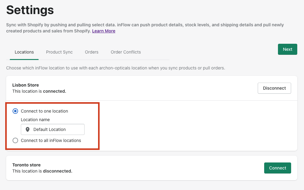 inFlow Connector app settings page. Matching a Shopify store location to an inFlow location.
